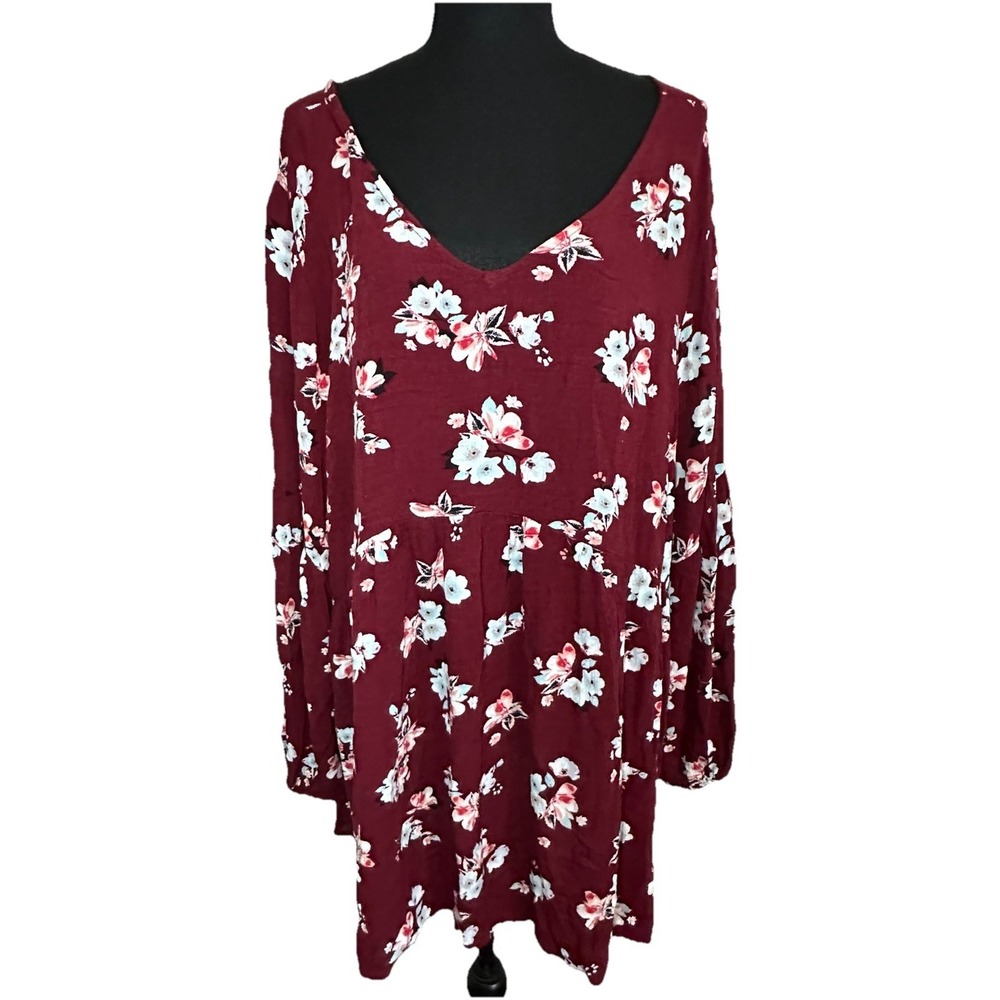 Lane Bryant Women's 18/20 Maroon Floral Long Sleeve Boho Tunic Blouse Tie Back